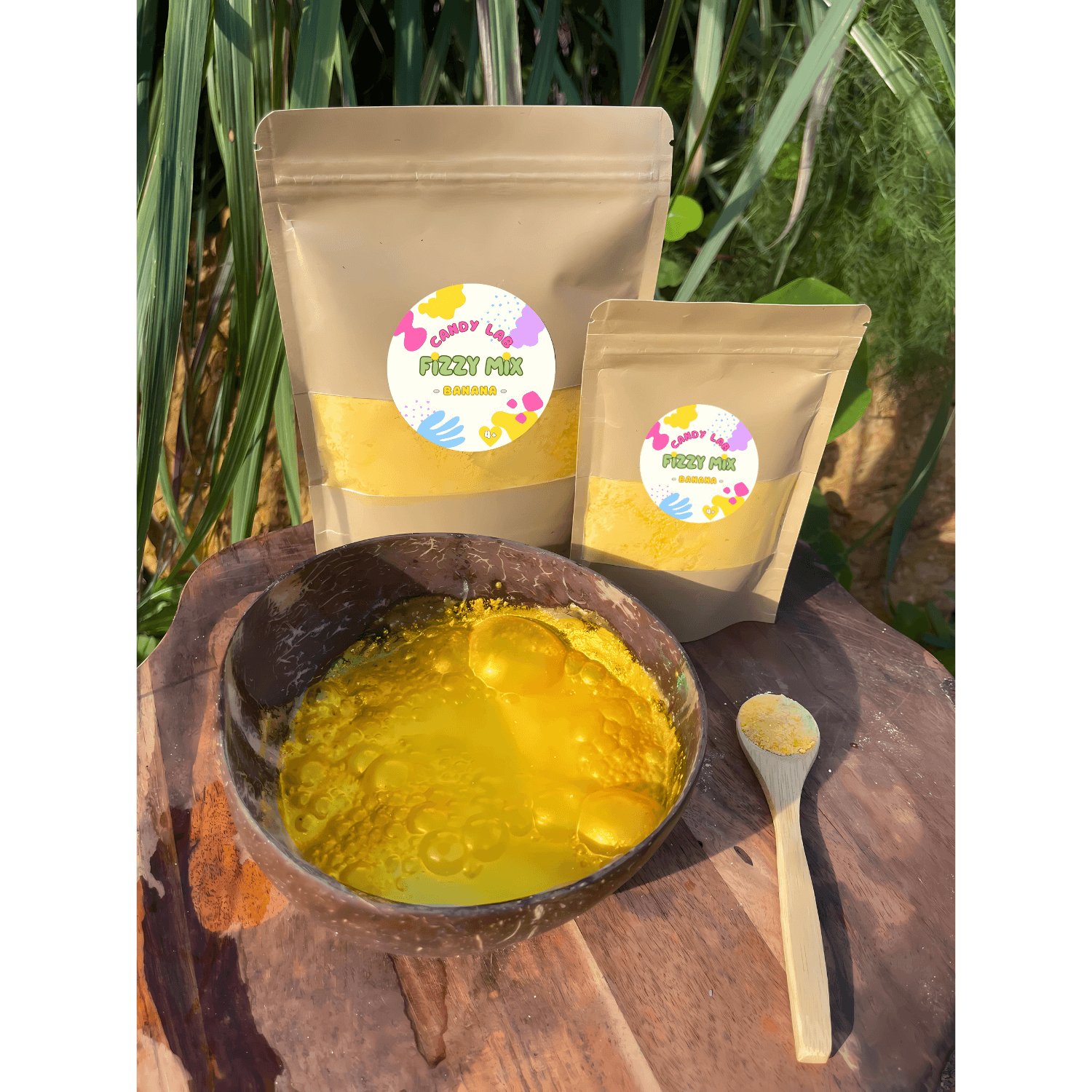 Product in use - Banana Fizzy Mix in colourful packaging
